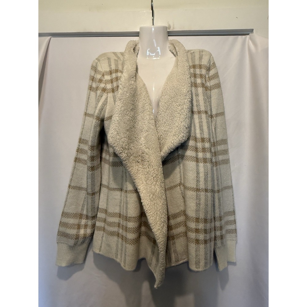 Adrienne Vittadini L Plaid Open Front Cardigan Sherpa Lined Cozy Sweater